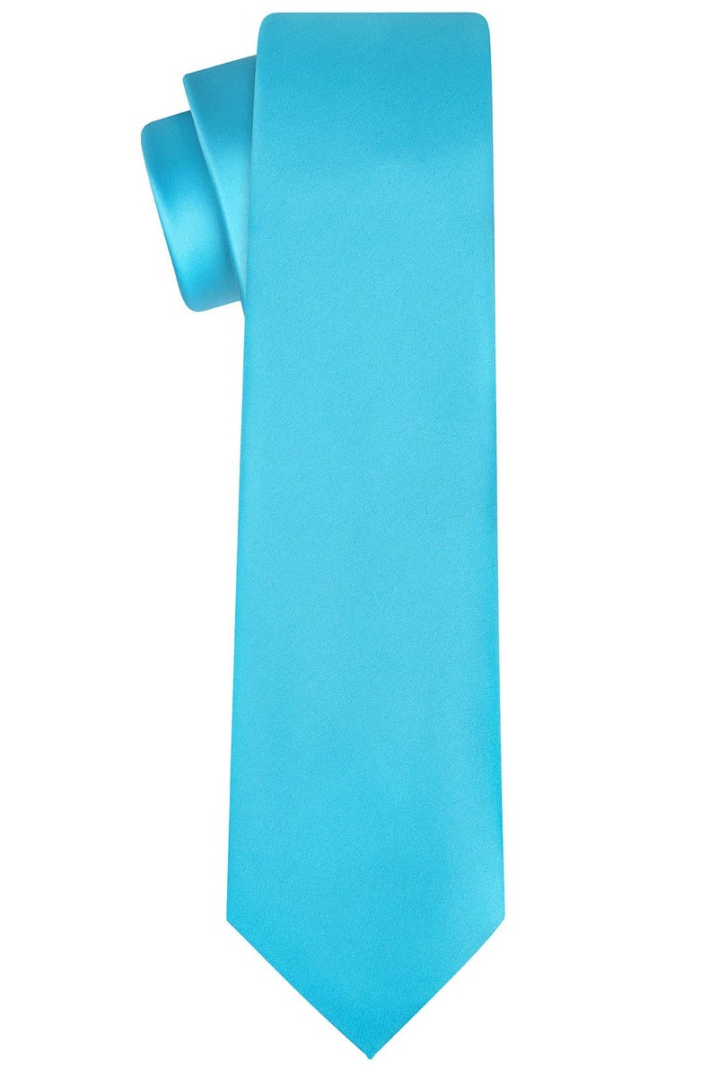 KissTies Turquoise Blue Satin Tie Set Solid Ties Mens Necktie + Pocket Square - Image 3
